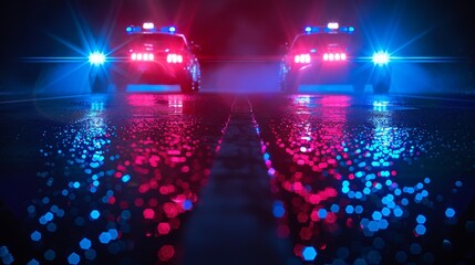 Two police cars on a dark wet road with blue and red lights flashing, creating a dynamic scene that symbolizes law enforcement's readiness and urgency.