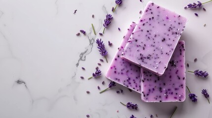 Handcrafted lavender soap bars on foam in macro minimalist style with empty space left