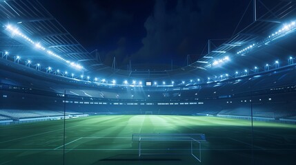 A modern stadium is displayed with bright lighting, showcasing a meticulously maintained green field, ready for an exciting sports event under a night sky, capturing the essence of readiness.
