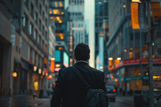 Homem de terno em cenas urbanas noturnas com ilumina&ccedil;&atilde;o de neon criado com IA generativa, destacando ambientes urbanos modernos e atmosfera misteriosa
