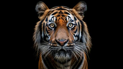 Fototapeta premium A stunning photograph of a tiger facing the camera directly, capturing its intense and majestic presence with detailed fur patterns and a strong, piercing gaze.