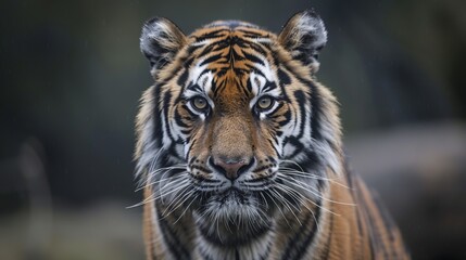 A tiger intensely staring with a dark, blurred background, demonstrating its predatory nature and profound focus, surrounded by its natural habitat elements.