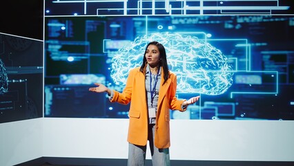 Lively speaker talks at AI event gathering tech startups managers, investors and academics. Expert...