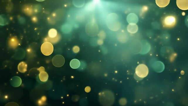 Christmas luxury abstract dark green background with golden blurred glitter lights and sparkles. Festive backdrop with copy space for holiday, birthday, New Year, St Patrick's Day. Motion animation