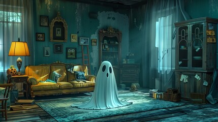 An eerie image of a ghost in an old, spooky living room filled with pumpkins and decay, creating a perfect setting for Halloween, oozing with mystery and supernatural vibes.