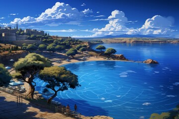 Sandy beach, blue Mediterranean Sea, lush trees, charming buildings. Perfect for travel, summer vacation, relaxation themes. Inspiring wanderlust and promoting peaceful getaways