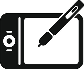 Black and white icon of a digital drawing tablet with a pen, a tool for graphic designers and digital artists