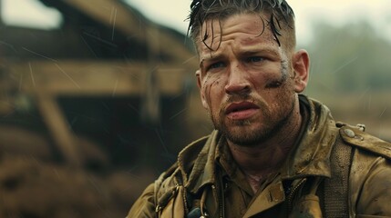 Fototapeta premium A close-up shot of a soldier with a dirty face in a war setting, capturing the intense emotions and experiences of military conflict and resilience.