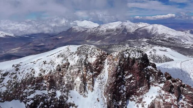 Ojos del Salado world's tallest volcano seen from air peak at 6,893 meters (22,615 feet). Situated in Andes straddling border of Chile and Argentina natural wonder majestic nature of South America.