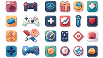 An assortment of diverse game icons depicting controllers, gifts, hearts, and shields, arranged neatly, designed for mobile games, apps, and entertainment platforms.