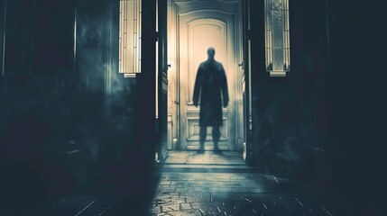 This image captures a figure standing in a doorway, backlit by light and surrounded by mist, generating a haunting and suspenseful atmosphere.