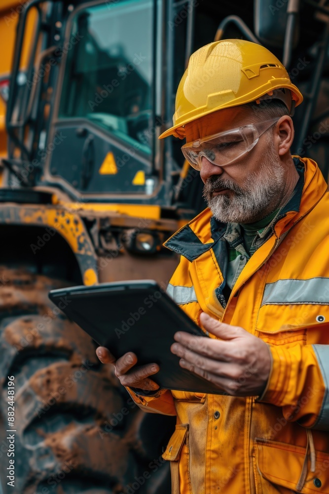 Aufkleber a construction worker uses a tablet on a building site, possibly checking plans or making notes