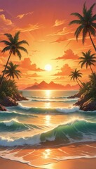Obraz premium Tropical island with a palm tree at sunset. HDRI, environment map, Round panorama, spherical panorama, equidistant projection, panorama 360, seascape, 3d rendering