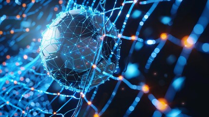 A digital soccer ball is entangled in a web of glowing blue neon network lines, symbolizing technology's intersection with sports and connectivity.
