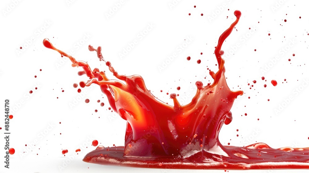 Poster a droplet of red liquid splashes onto a white surface, creating a small stain
