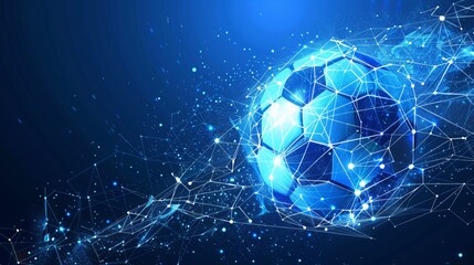 This image shows an abstract blue soccer ball with intricate geometric light effects and line connections, symbolizing technology, digital advances, and sports enthusiasm.