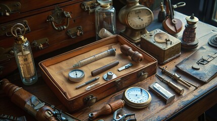 A collection of vintage medical instruments including syringes, gauges, and other tools displayed on a wooden table with a rustic setting, showcasing history in medicine.