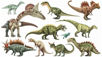 This colorful image showcases diverse illustrated dinosaurs, each with distinct anatomical features, emphasizing the differences between various species in an engaging manner.