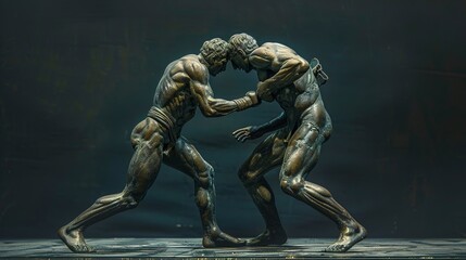 Bronze statue of two wrestlers frozen in a tight grapple, showcasing meticulous detail and lifelike portrayal of physical struggle and athletic form in an artistic and timeless style.