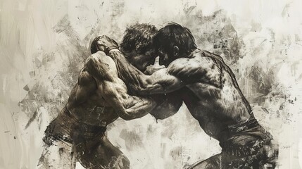 Black and white illustration of two men engaged in a wrestling match, highlighting the tension, physical strain, and the raw energy of the competition.