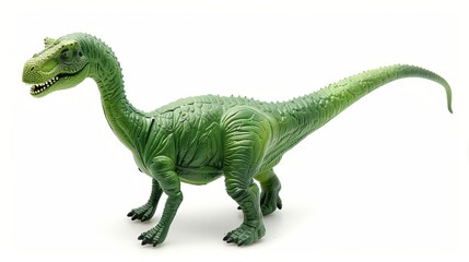 A close-up view of a green dinosaur toy with intricate details and textures, standing on a white background, showcasing its playful and educational value for children.