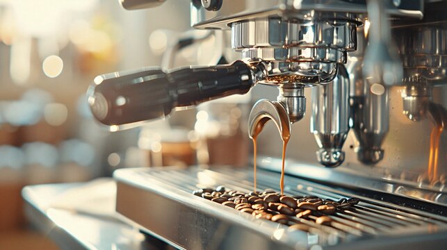 Close up of professional espresso machine pouring coffee in a cup