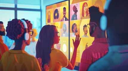 Shows an animated depiction of a team participating in a virtual video conference, illustrating modern digital communication and cooperation using vibrant, artistic design elements.
