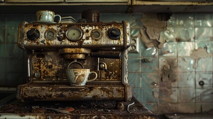 A detailed photograph of a decayed coffee machine sitting in a neglected vintage kitchen, reflecting years of abandonment and capturing the essence of historical decay.