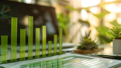 Fototapeta premium Green bar graph showing sales growth technology with blurred background office environment Business Progress Concept