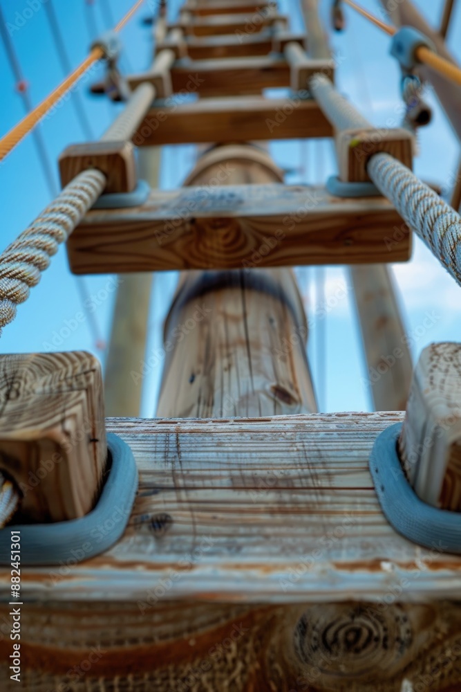 Poster a detailed view of a wooden ladder's structure and texture