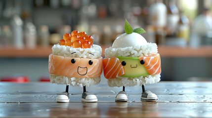 realistic photo 3d sushi hosomaki and uramaki character