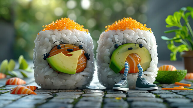 realistic photo 3d sushi hosomaki and uramaki character