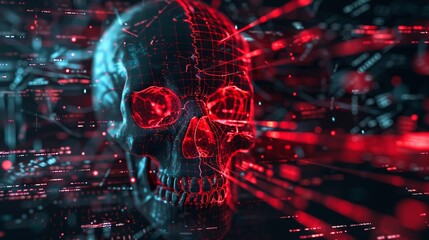 A highly detailed digital skull surrounded by red lights and complex data patterns, suggesting themes of cybersecurity and digital threats.