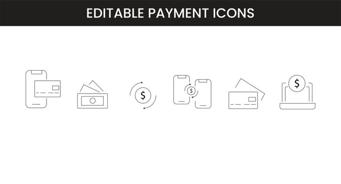 Set of outline icons related to payment methods. Linear icon collection. Editable stroke