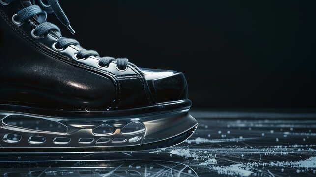 Detailed close-up image of a sleek and shiny black ice skate blade gliding on ice, capturing the precision and finesse involved in the art of ice skating.
