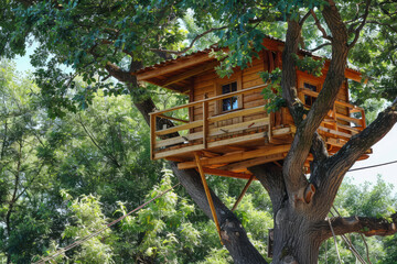 Wooden treehouse in sunlight, surrounded by green leaves