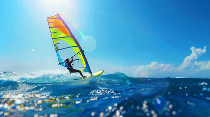 A windsurfer gliding over choppy waves with a vibrant sail against a clear blue sky