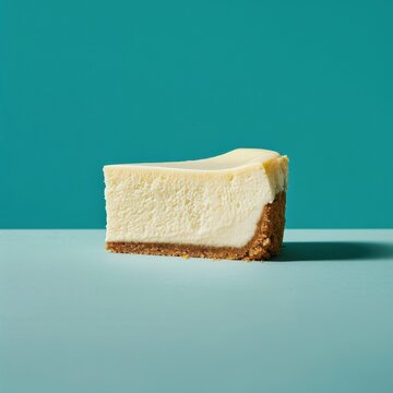 Single cheesecake slice on a blue table with a blue background