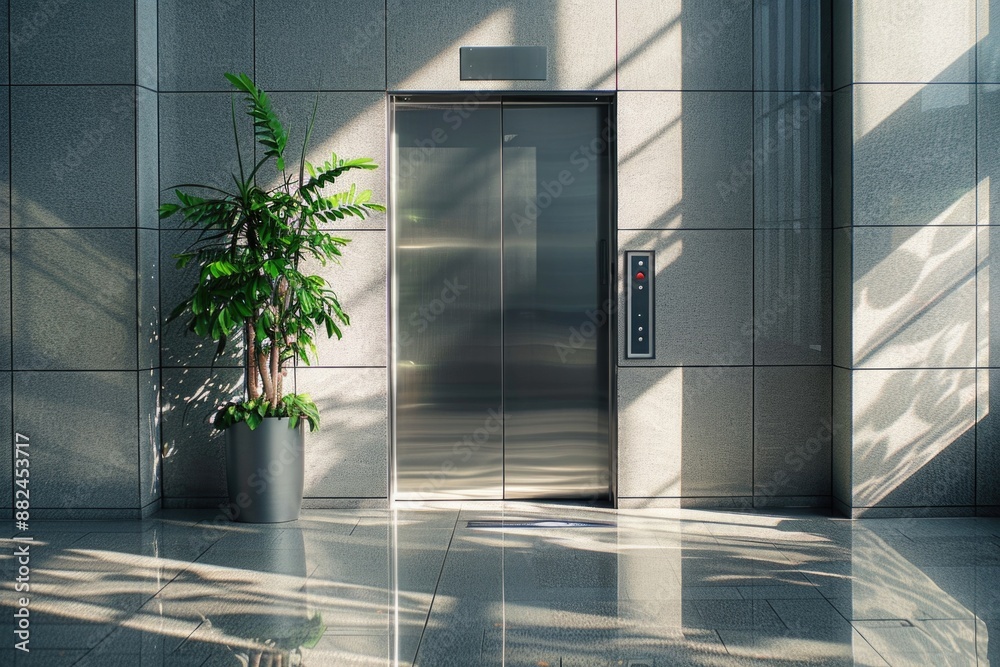 Aufkleber a person standing next to an elevator with a small plant in front of it