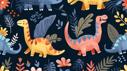 Playful and colorful dinosaur illustrations surrounded by leaves and flowers, designed in a cute...