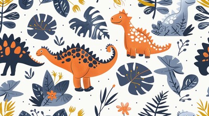 Obraz premium This image features a whimsical pattern of colorful dinosaurs surrounded by various plant leaves, portraying a playful prehistoric theme. Perfect for children's decor.