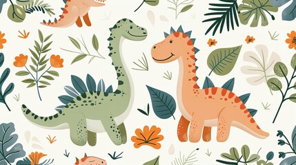 A charming illustration showcasing two adorable dinosaurs standing amid leafy flora, exuding a sense of friendship and curiosity. Ideal for children's books and decor.