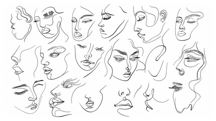 Fototapeta premium This image features various abstract continuous line art faces depicted in profile view, showcasing artistic expressions and the simplicity of line drawings.