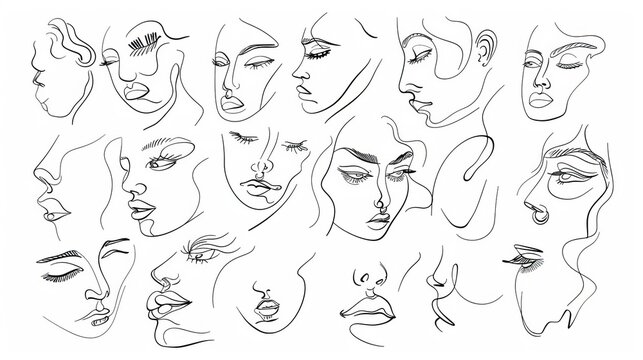 This image features various abstract continuous line art faces depicted in profile view, showcasing artistic expressions and the simplicity of line drawings.