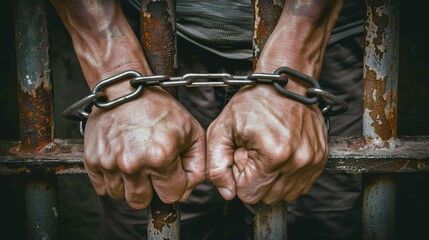 A powerful image depicting hands bound with metal chains firmly holding onto aged, rusted prison bars. Conveys themes of imprisonment, resistance, and the harsh conditions of captivity.