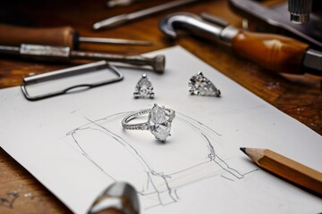 A detailed diamond ring placed on a jewelry design sketch, surrounded by jeweler's tools, showcasing the process of ring creation.
