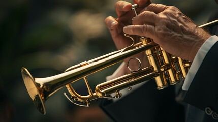 Obraz premium Close-up of a hand playing a shiny trumpet, capturing the intricacies of a professional musical performance. The background is softly blurred to highlight the instrument.
