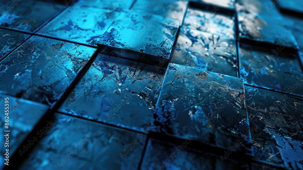 Poster Close-up shot of a blue tiled floor with intricate designs and patterns