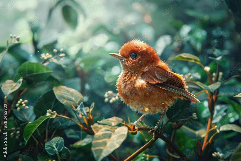 Poster A small bird is seen sitting on the top of a tree branch, perhaps enjoying the view or taking a break