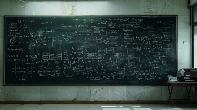 A chalkboard densely packed with mathematical and scientific equations, sketches, and data, representing intense academic work and intellectual exploration.